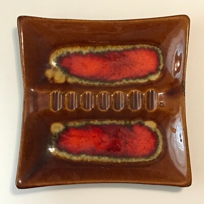 Made In USA Mid Century Modern Ashtray Orange Brown Glazed Square 8.5