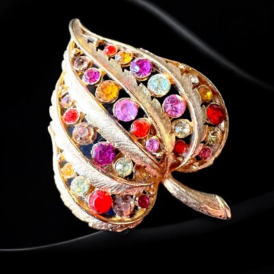 Gold Tone Leaf Brooch Pink Lavender Orange Rhinestone Vintage Mid Century 1960s-image