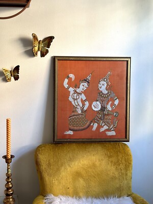 Vtg Mid Century GoldFramed THAI DANCING on Orange Silk Tapestry 20.5”x18.5”-image