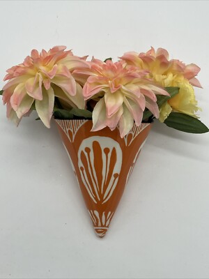 Creative Co-op Stoneware Wall Cone Vase, Wall Pocket, Orange & White Flower-image