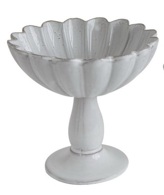 Creative Co-Op White Fluted Glazed  Terra-Cotta Bowl On Pedestal ￼-image