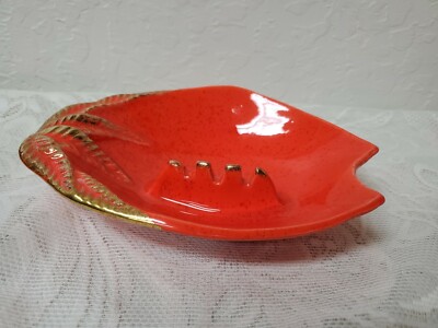 Vintage Ashtray Orange Mid Century Modern Ceramic Atomic Leaf Design Decor-image