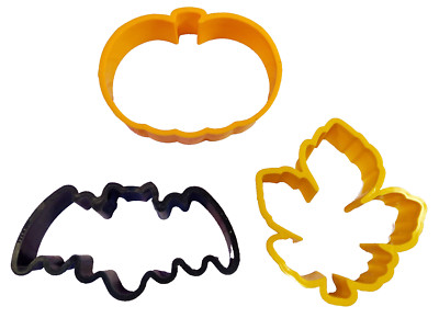 Halloween Cookie Cutters Orange Pumpkin Leaf Black Bat Plastic Vintage SET OF 3-image