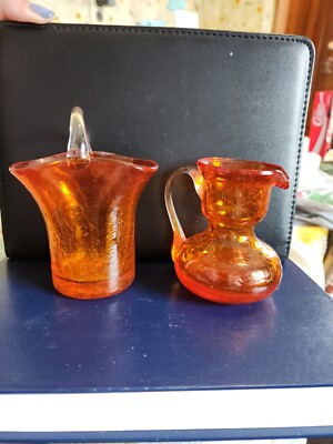 Orange Pitcher Vase/Basket Tangerine Crackle Glass -image