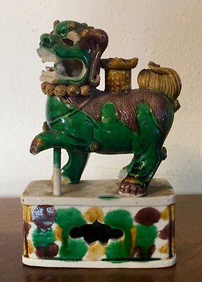 Chinese Kangxi 17th 18th c. Porcelain Foo Dog Joss Stick Incense Spinach Glaze-image