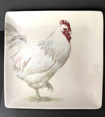 NWT Creative Co-op White Leghorn Rooster Square 11” Plate Platter Chad Barrett-image