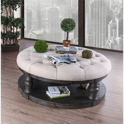 Furniture of America Joss Rustic Wood Round Tufted Coffee Table in Antique Gray-image
