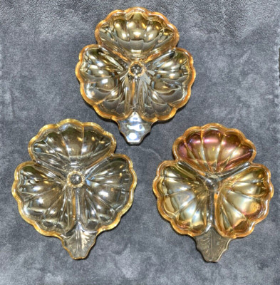 Vtg Carnival Glass Amber Marigold 3 Section  Candy Dish Nut Dish Set of 3-image