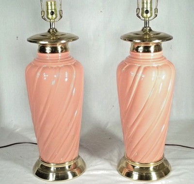 PAIR MID CENTURY MODERN BRILLIANT CORAL GLAZED SPIRAL CERAMIC LAMPS-image