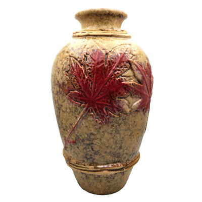 Fall Maple leaves art pottery vase signed Orange Gold Red 11