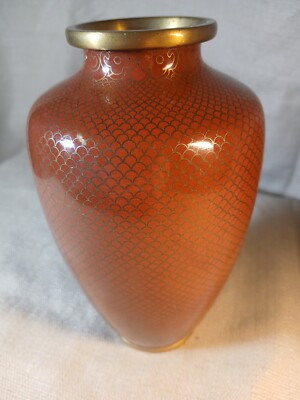 Vintage Mid-20th Century Cloisonne Fish Scale Burnt Orange & Brass Vase Urn-image
