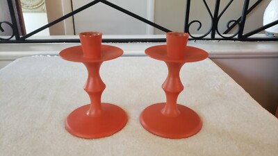 Vintage PAIR of Italian Candle Holders, Orange, Plastic Candle Stick, Abstract -image