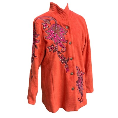 Bob Mackie Wearable Art Rust  Fleece Jacket Embroidery SZ M Excellent Condition-image