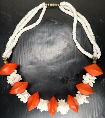 Vintage Mid Century Short Necklace Orange Wooden Beads & White Shell Beads 19.5