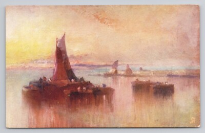 Evening Shadows Orange Colored Sky Mid Sea Boats Oilette Art Tuck Postcard-image