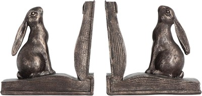 Creative Co-Op Decorative Rustic Resin Rabbit on Book Bookends, Bronze Finish -image