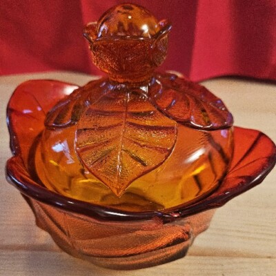 Vintage Mid Century Viking Glass Orange Candy Dish Leaf-image