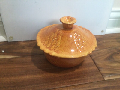 Mid Century California Pottery 257 Brown orange  Drip Glaze Dip lidded bowl-image