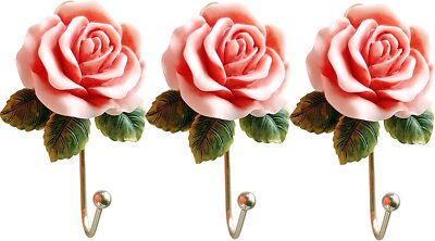 3pcs Rose Resin Wall Hooks Wall Mounted Creative Flower Iron Hook For Hanging Co-image