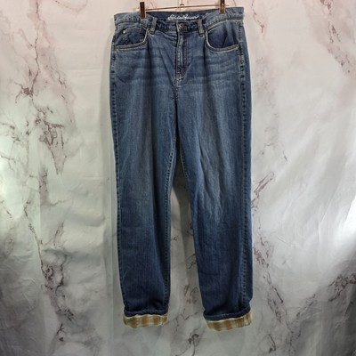 Eddie Bauer Jeans Womens 10 Tall Flannel Lined Plaid Orange Mid Rise Denim -image