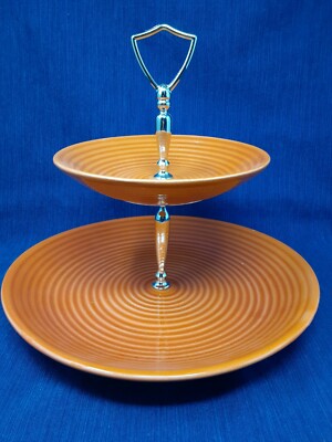 Mid-Century California Pottery USA Pumpkin Orange P153 2 Tiered Serving Dish-image