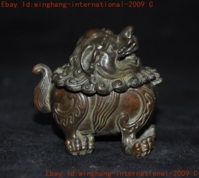 China ancient bronze animal foo dog lion beast statue joss Incense burner Censer-image
