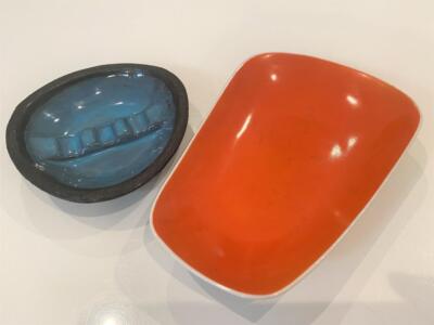 Mid Century Modern Studio Art Pottery 2pc LOT Signed Ashtray, 70's Orange Bowl-image