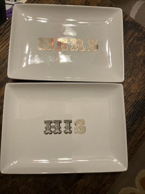 Creative Co-op Stoneware Trinket Dish “HIS & HERS” Qty-2, 7”x5” Dishwasher Safe-image