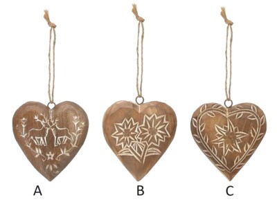 Creative Co-Op Hand Carved Pine Wood Heart w/Engraved Design Pick 1 of 3-image