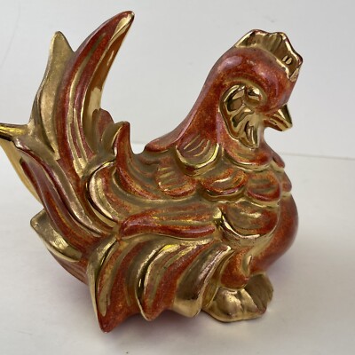 Mid Century Ceramic Sitting Chicken Gold Orange Hobbyist Modern Farmhouse 5 x 5”-image