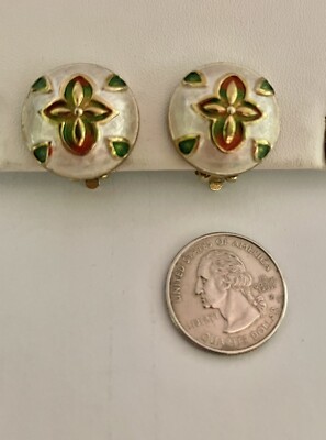 Vintage Mid Century HOBE Enamel White, Green & Orange Cross Clip Earrings-image