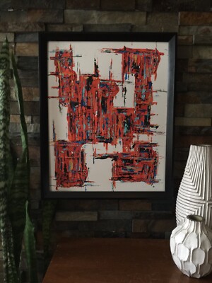 Mid Century Modern Abstract Art Acrylic Painting Yellow Blue Orange-image