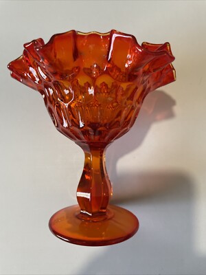Mid Century FENTON Amberina Crest Orange / Red Glass Pedestal Ruffle Candy Bowl-image