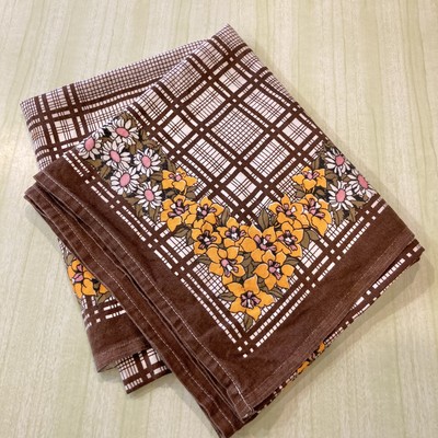 Vintage Orange Brown Floral Tablecloth Retro Checked Mid Century Material Fabric-image