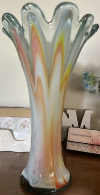 Vintage Mid Century Hand Blown Art Glass Vase 11” Tall Orange Swirl Petal Rim-image