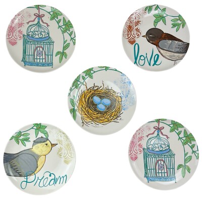 Creative Co Op Bird Plates Set of 5 BluPenny Cindy Ann Eclectic Spring Salad 8