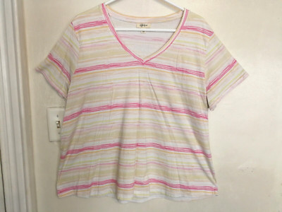Style & Co Womens Blouse 3X Plus White Pink Yellow Striped Shirt Short Sleeve-image