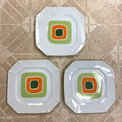 Vintage Mid Century Modern Abstract Square Green Orange 7.5” Plate 3pc Set EXC!-image