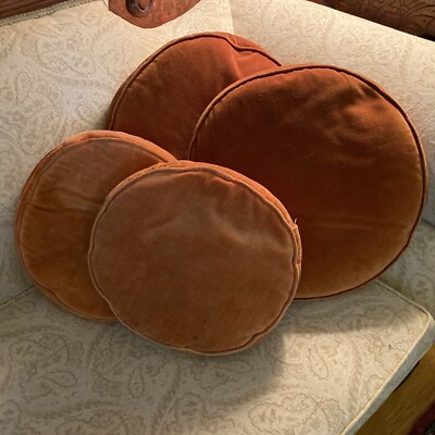 4 Vintage mid century modern orange Velvet Velour Throw Pillows round 60s 70s-image