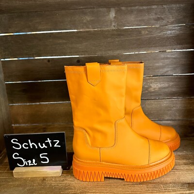 New Womens Schutz Jacy Orange Leather Casual Platform Mid Calf Boots Size 5 B-image