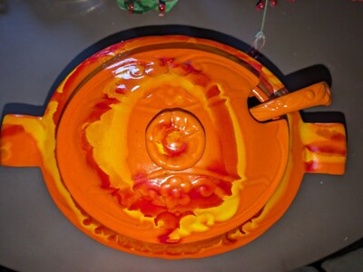 Vintage Calif USA Pottery Orange Soup Tureen Mid Century With Ladle-image