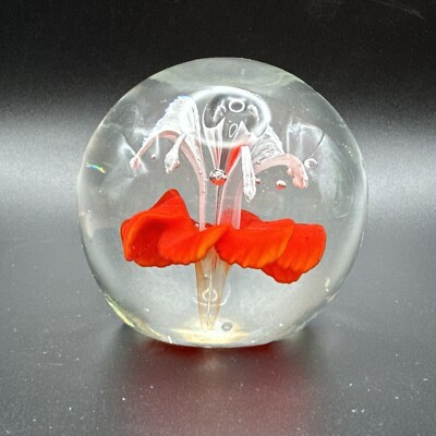 Vtg Art Glass Paperweight Tropical Orange White Flower Controlled Bubble Pistil-image