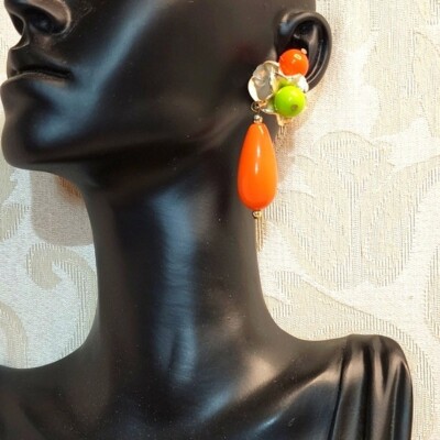 Vintage Bold Drop Earrings Orange Green Bead Mid Century Statement-image
