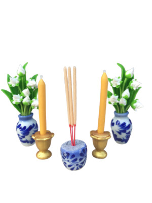 Set of Miniature Flower Vase, Candles, Joss Sticks Worship Offering Buddha-image