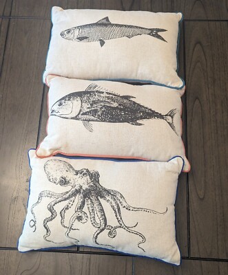 Creative Co-op Set Of 3 Home Decor Pillows Fish Octopus Cotton Linen 16