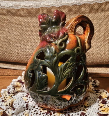 Orange Fall /Winter Pumpkin Flameless Ceramic Luminary Pumpkin W/ Brown Stem-image