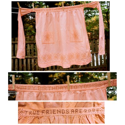 VTG 'Happy Birthday 1967' 'True Friends' Orange Gingham Check Cotton Half Apron -image