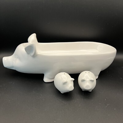 Creative Co-Op Farmhouse White Ceramic Pig Shaped Bowl And Salt & Pepper Shakers-image
