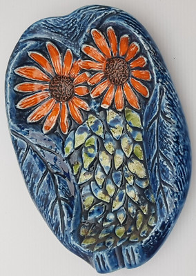 Vintage Mid Century Ceramic Dish Retro Geometric Pattern Owl orange ashtray-image