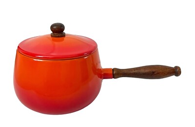 Vintage Mid Century Orange Enamel Fondue Pot/ Saucepan ~ Pristine-image